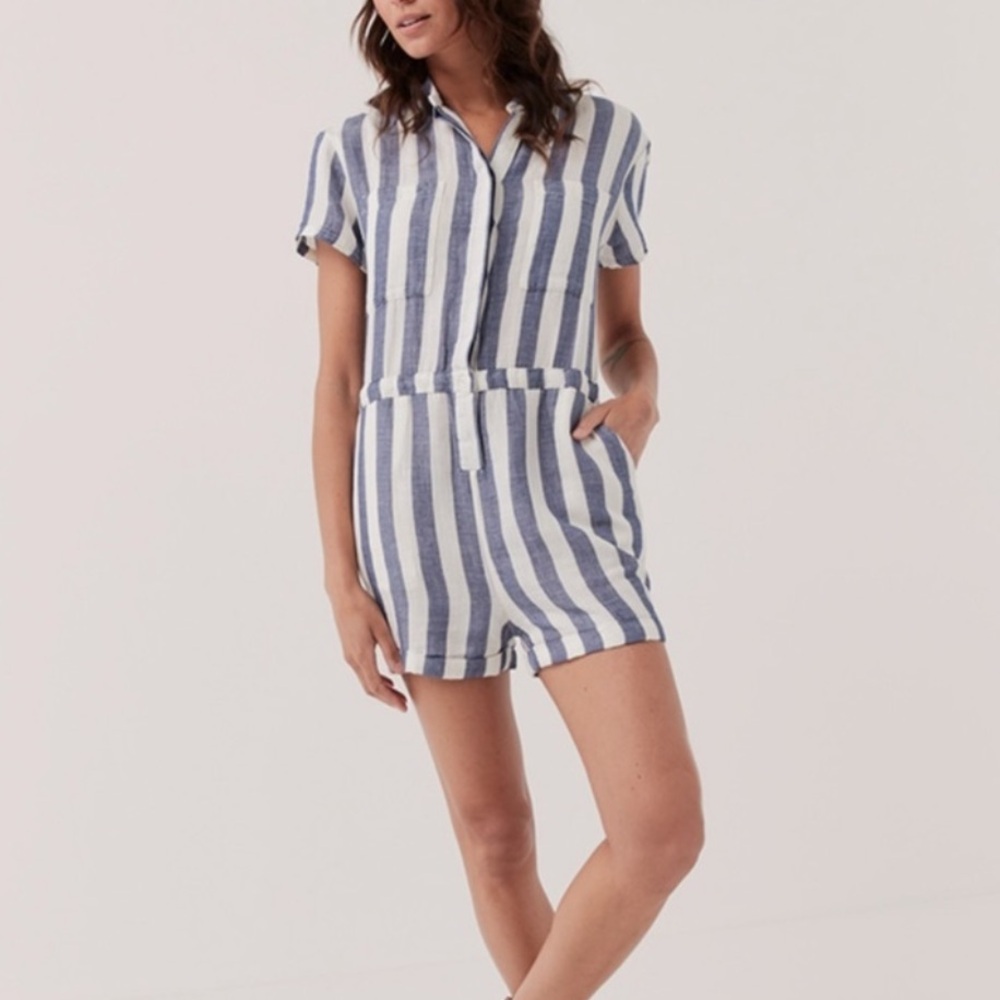 PACT Harbour Short Sleeve Striped Romper Size M Women White Blue Organic Cotton